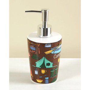 Campsite Soap Dispenser Tents Canoe Fishing Bears Camp Fire on Brown Retro Style